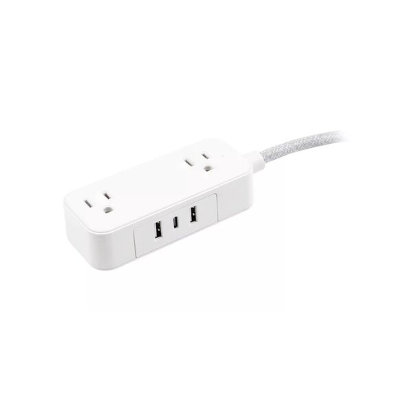 GE 2-Outlet Extension Cord 2 USB-A 1 USB-C 12W 6' Braided White/Gray: Flat Plug, - Picture 4 of 9